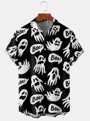 New Casual Men's Halloween Ghost Print Casual Short Sleeve Hawaiian Black Shirt with Chest Pocket Loose Breathable