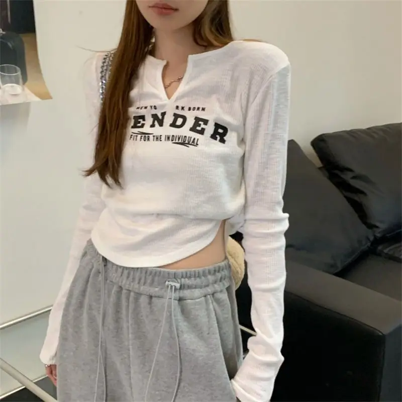 Y2K Long Sleeve Printing Short T Shirts Spring Autumn New Thin Plus Size Solid Color Fashion Tops Casual Korean Women Clothing