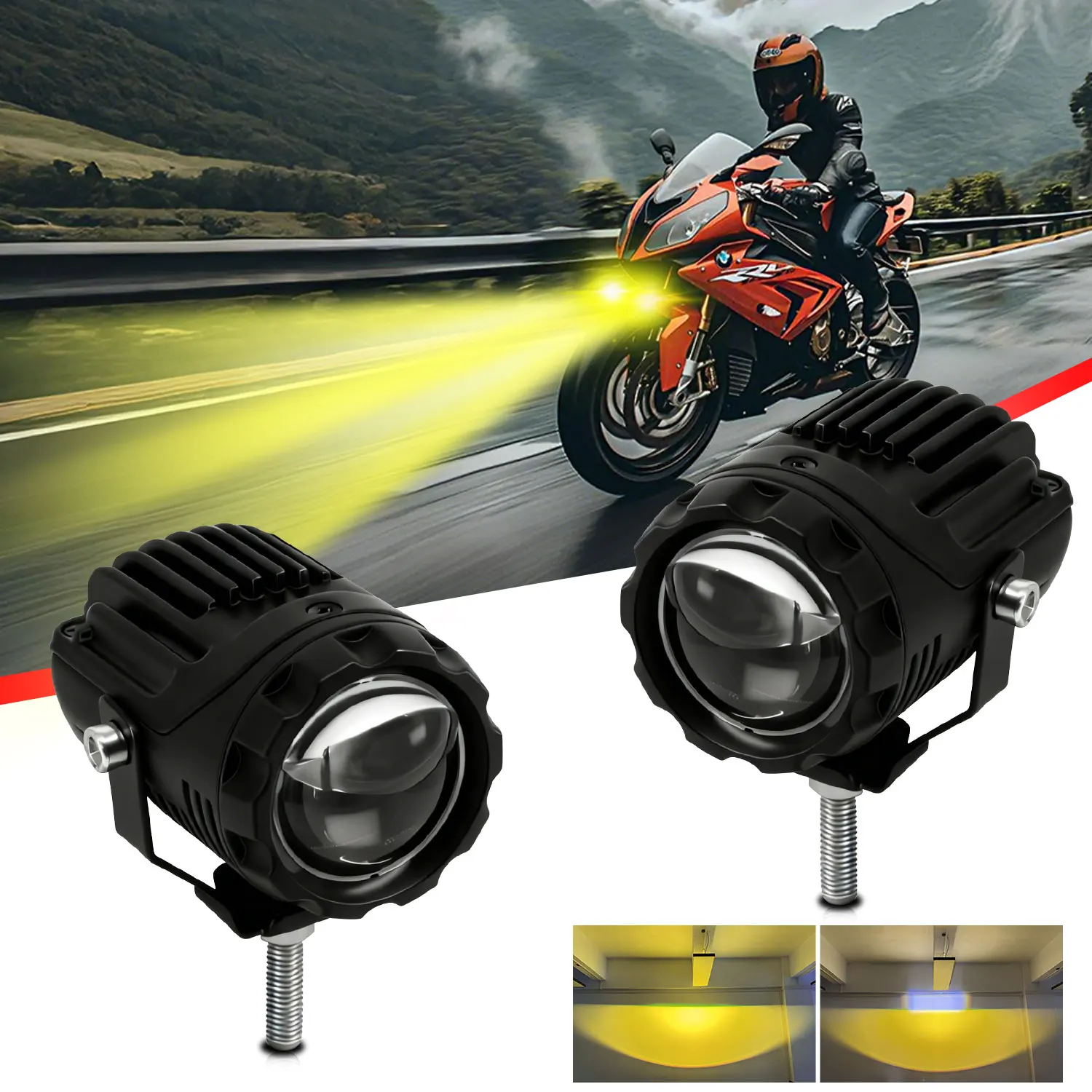 Motorcycle LED Auxiliary Spotlight High Low Beam 6000K Auxiliary Headlight Protector Fit Dirt Bike ATV Truck SUV UTV Bicycle