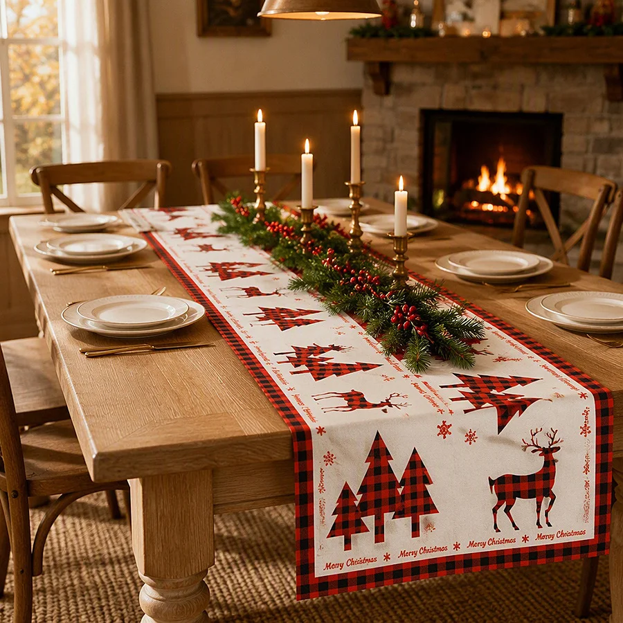 1pc Christmas Table Runner, Polyester Santa Snowman Xmas Tree, Holiday Cover for Home Kitchen Dining, Multi Styles