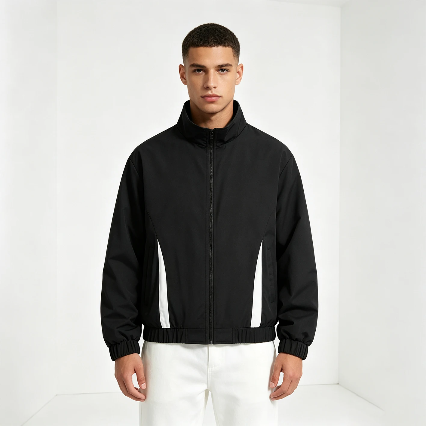 Men Color Block Stand Collar Zip Up Jacket Loose Long Sleeve Windbreaker Casual Streetwear Male Outerwear Coat