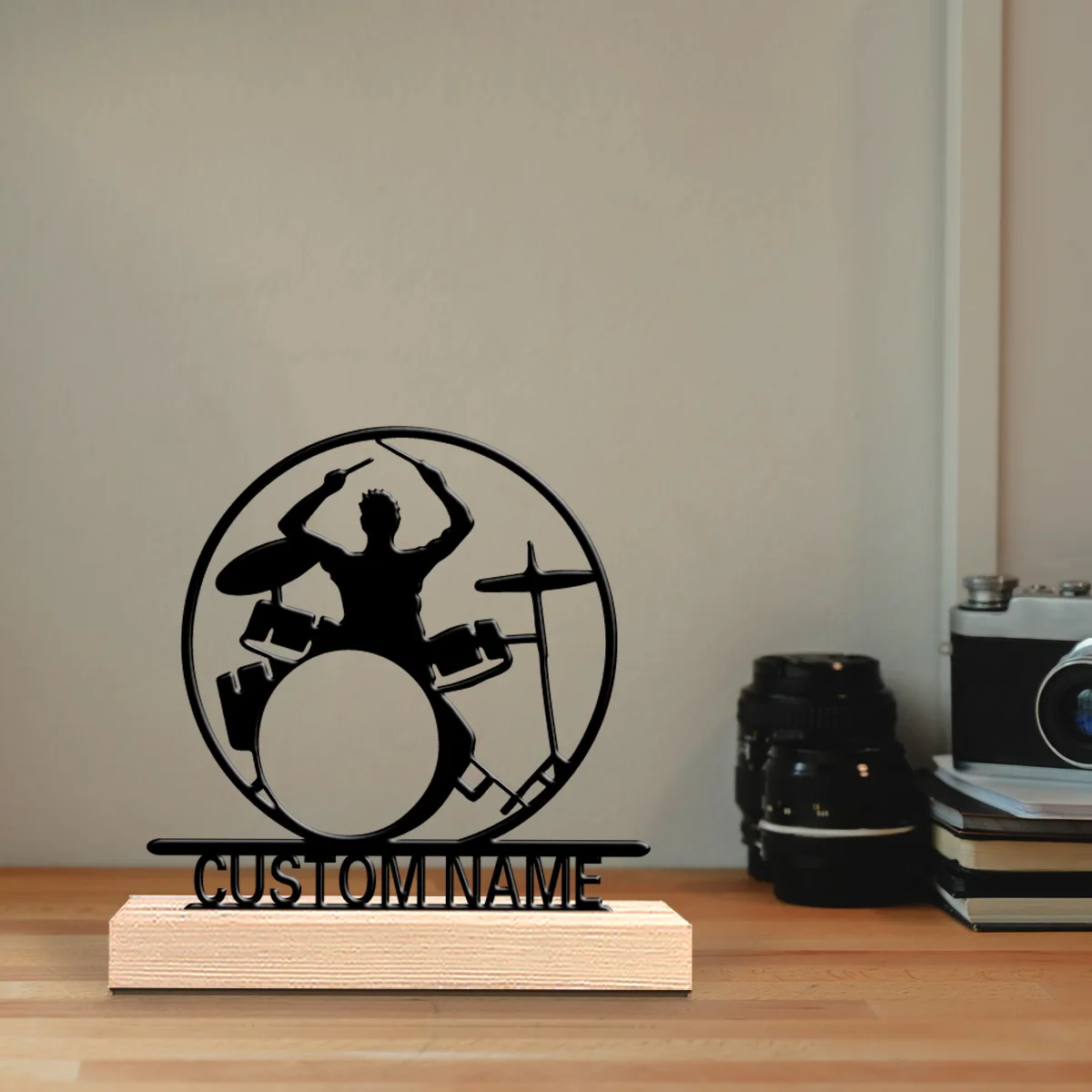 1pc Fashion Personalized Custom Drummers Set Up Drums Metal Statues Metal Art With Wooden Base Perfect For Musicians, Valentine