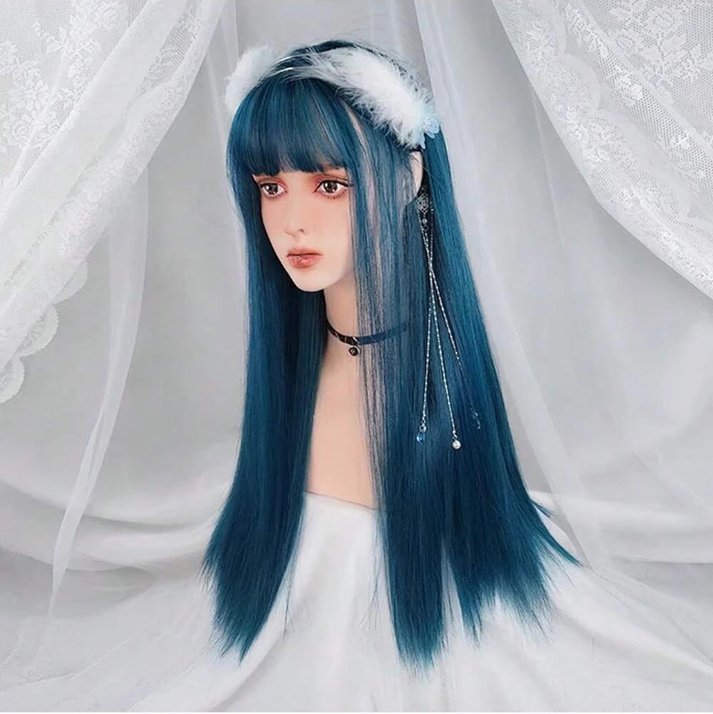 GAKA Dark Blue Long Straight Synthetic Lolita Cosplay Wig With Bangs For Women Party Darily Headgear Red Pink Blonde Hair