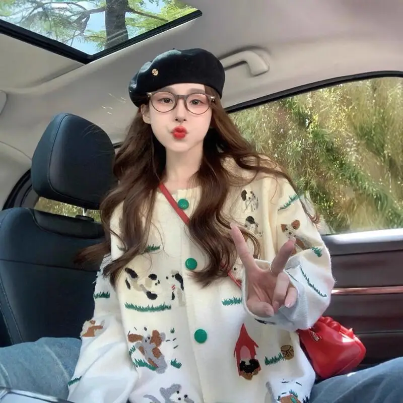 

Белый женский свитер с забавным щенком, пальто на осень-зиму, новая модель, мягкий и липкий вязаный кардиган премиум-класса с уменьшением возраста