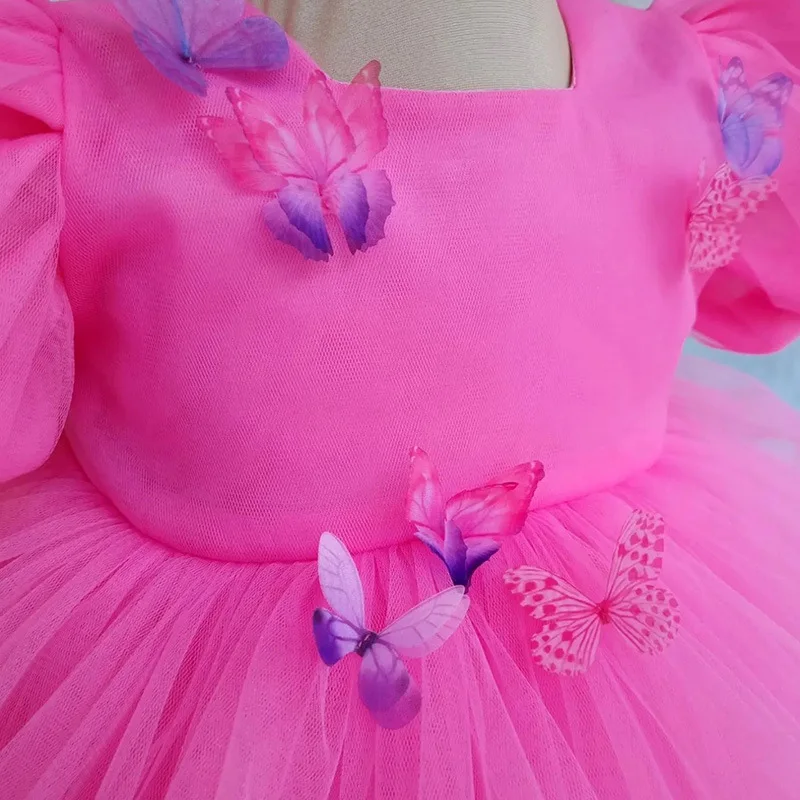 Customized Three-dimensional Butterfly Puff Sleeve Baby Slim Waist Flower Girls Dresses Sweet Princess Robe Kids Birthday Party