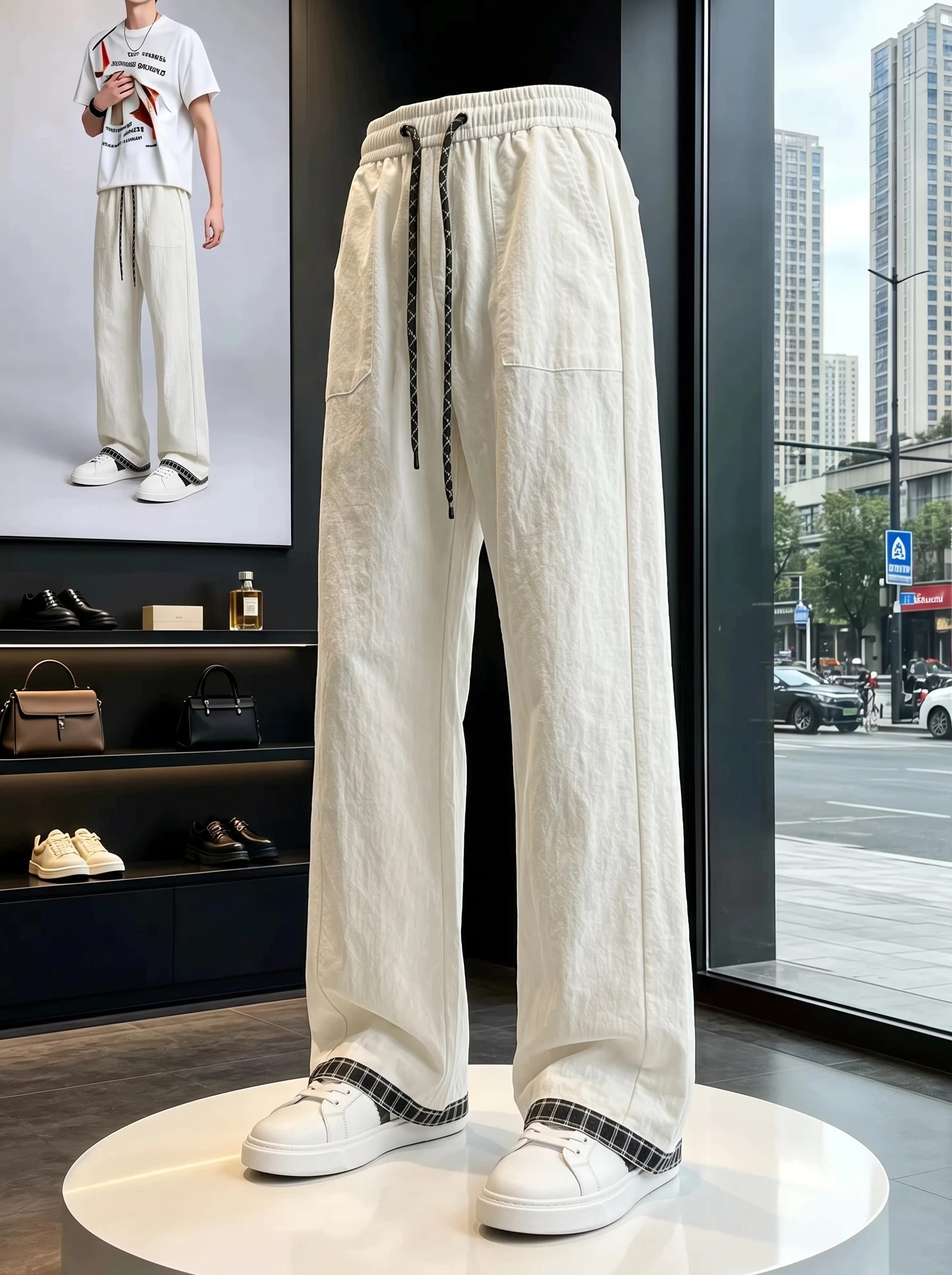 White Plaid Splice Quick Dry Ice Silk Casual Sports Pants Men's Loose Straight Leg Summer Lightweight Long Trousers