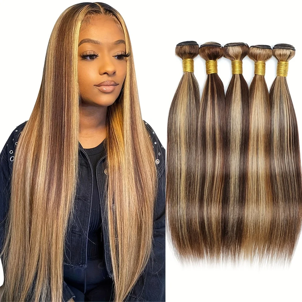 P4/27 Highlight Straight Human Hair 30 32 Inch Hair For Women Straight Bundles Brown Colored Brazilian Hair Weave Bundles