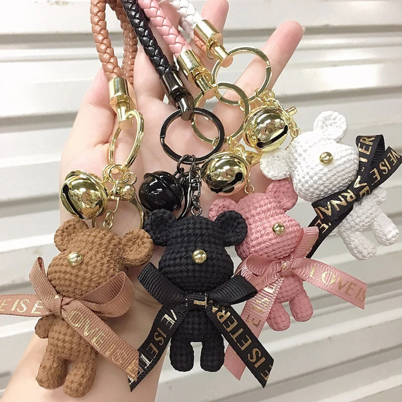 Cute Resin Woolen Little Bear Bow Rabbit Keychain Holiday Car Key Ring For Girls Creative Gift Weaving Fashion Doll Bag Pendant