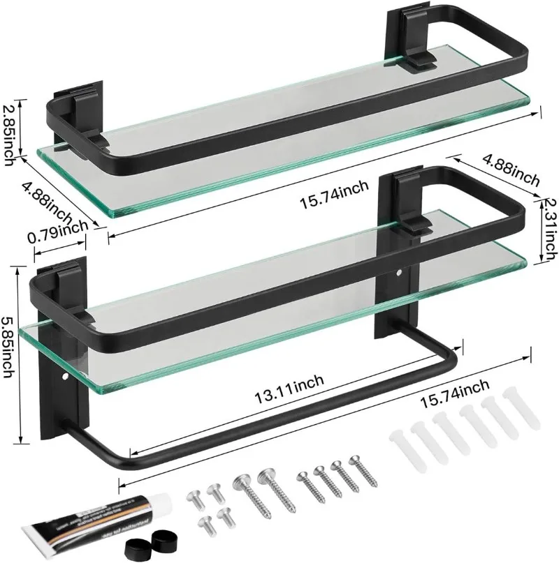 

Glass Bathroom Shelf with Towel Bar 15.7in Bathroom Wall Shelves Rustproof Metal Bathroom Wall Organizer 2-Tier