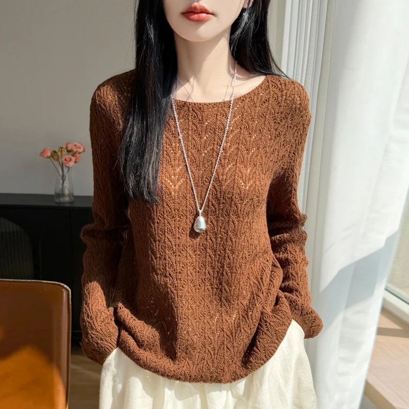 

Women's Wool Blend Knitted Sweater Spring Summer Hollow Casual Long Sleeves Shirt Simple and Stylish Elegant Style Pullover