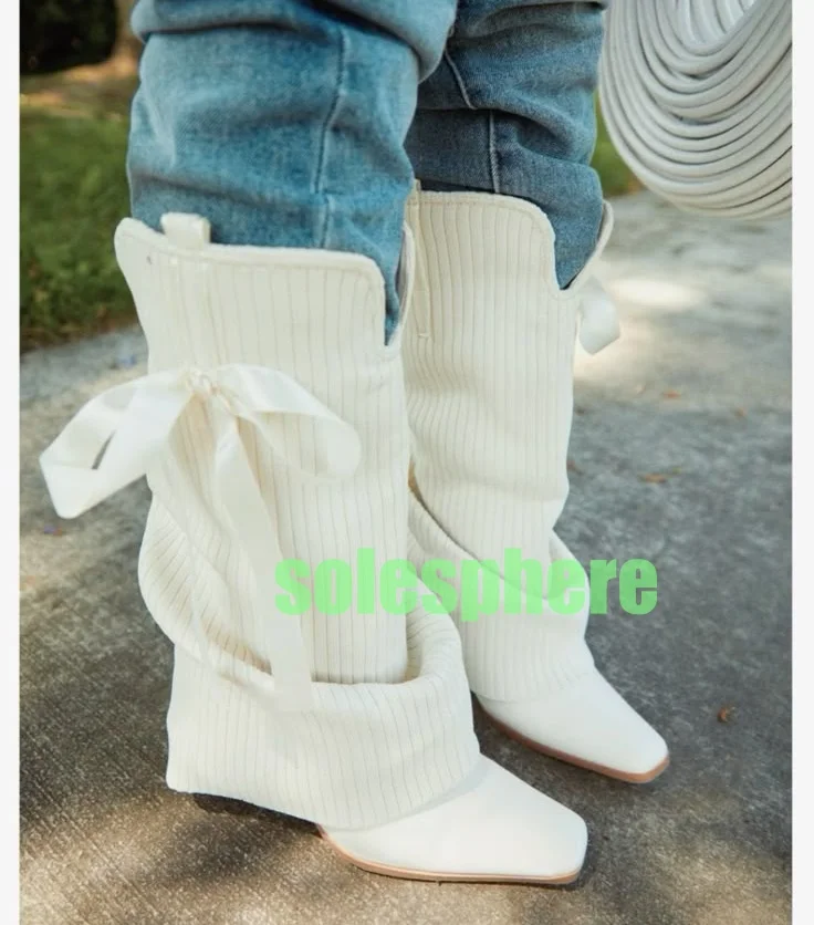 

Lady White Elastic Satins Square Toe Calf Boots Stiletto Heel Turn-Over Footwear New Arrive Runway Boots Bowtie Mary Jane Boots