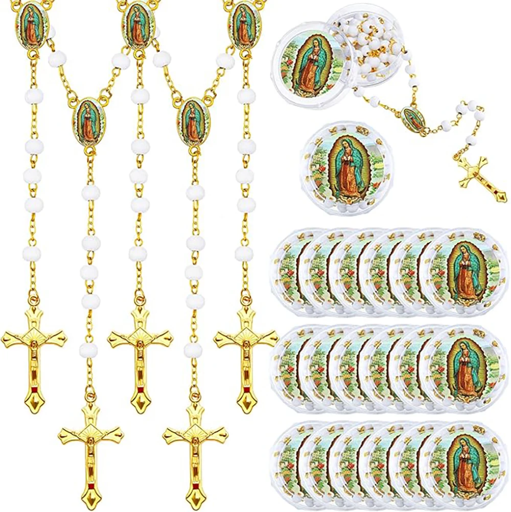 12Pcs Lady Guadalupe Scented Rosary Beads Necklace with 12 Clear Gift Box First Communion Baptism Beaded Necklace Favor (White)