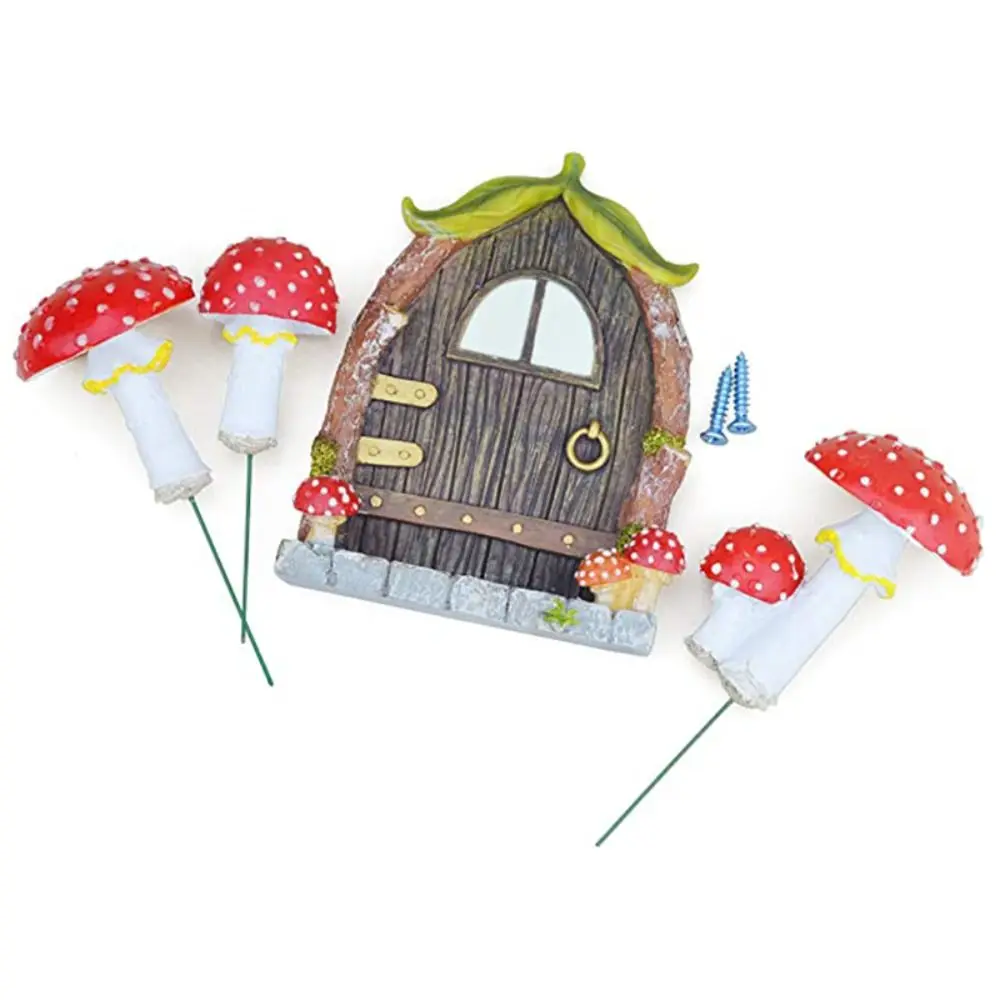 4pcs Resin Mushroom House Plugin Set Glowing Creative Door and Window Pendant Waterproof Handicraft Fairy Garden Statue