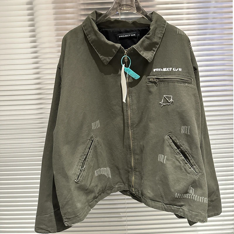 

Устойчивый к истиранию проект GR карманы куртка на молнии с лацканами для мужчин и женщин винтажные потертые потертые высококачественные повседневные свободные куртки
