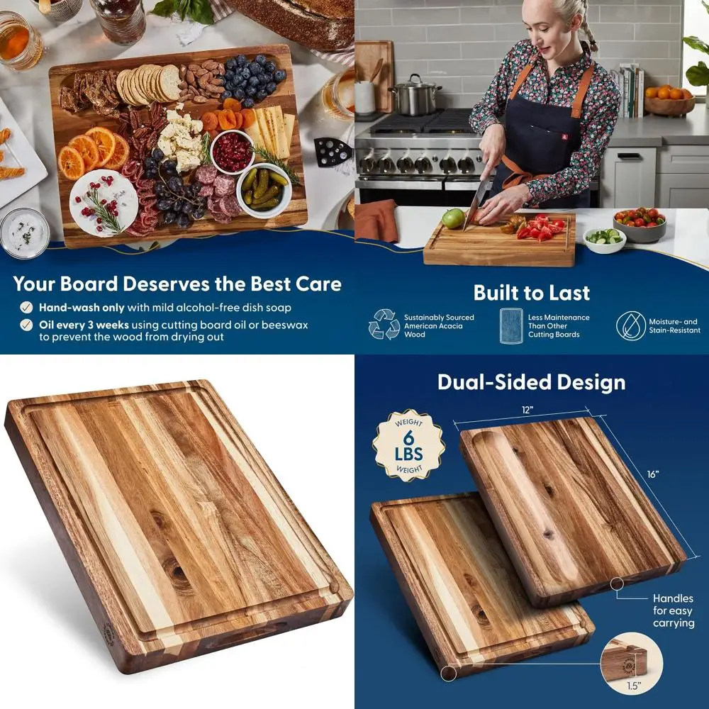 

Eco-Friendly Acacia Wood Kitchen Cutting Board with Juice Groove, Sorting Area, and Charcuterie, 16x12x1.5 inches, Gift Boxed