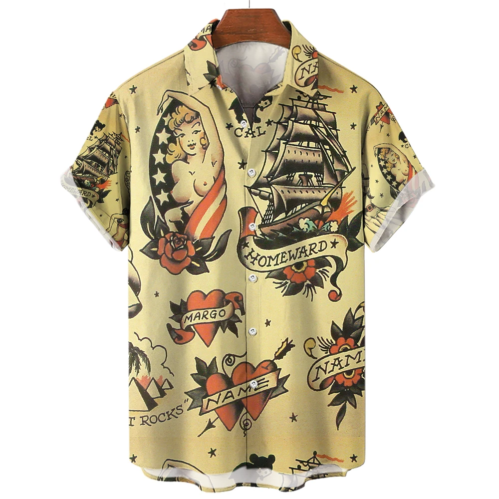 Camisa havaiana masculina com botões de lapela, top manga curta, estampa vintage, roupa de praia, festa casual, moda verão