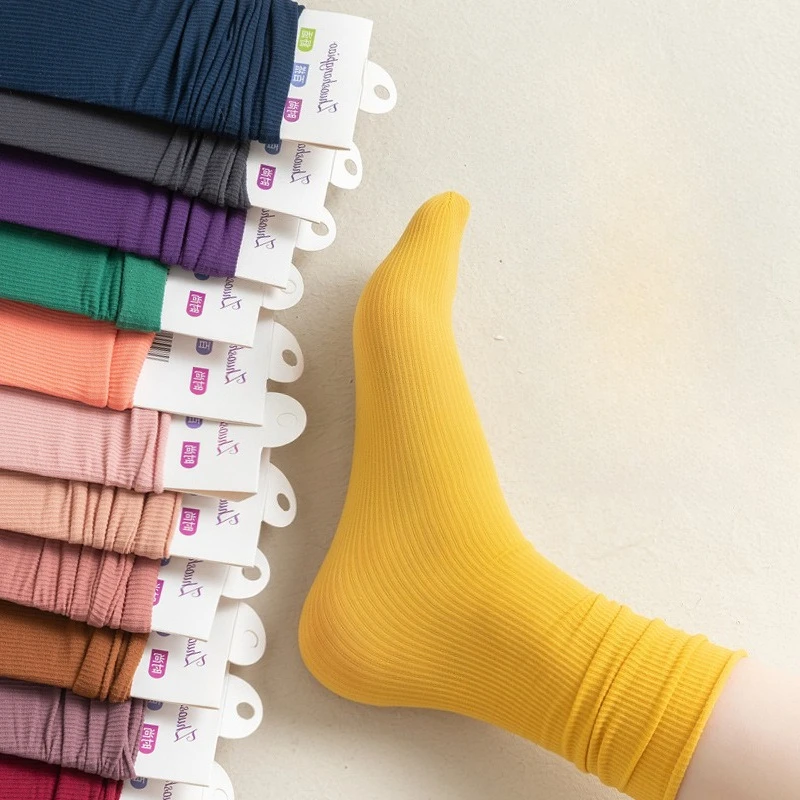 1 Pairs Multicolor Ice Silk Velvet Mid Tube Socks for Women Summer Soft Thin Japanese Casual Solid-color Stacked Socks