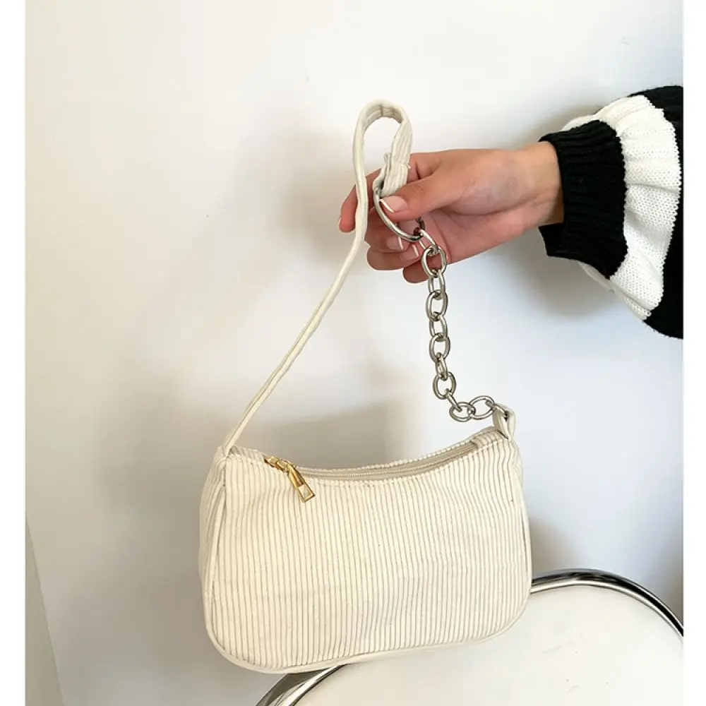 Fashion Women Shoulder Bag Summer Casual Corduroy Underarm Handbag Street Style Chain Decor Simple Elegant Small Messenger Purse