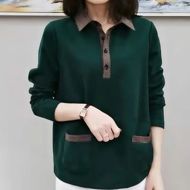 

Spring New Patchwork Contrast T Shirt Tops Polo Neck Long Sleeve Loose Fake Two Piece Pullovers Vintage Casual Women Clothing