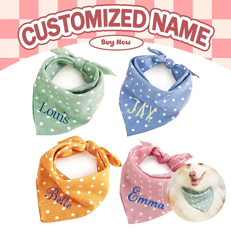Dog Bandana Scarf - Custom Embroidered Name Polka Dot Dog