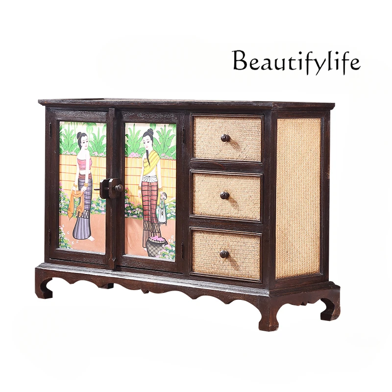 Hand Painting Bamboo Woven Solid Wood Porch Southeast Asian Style Living Room Locker Wall Furniture