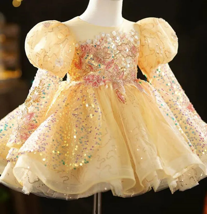 Glitter Sequin Girl Dress Yellow Bling Prom Party Girl Gown Puff Long Sleeve Baby Girl Dress Sparkle Tulle Flower Girl Dress