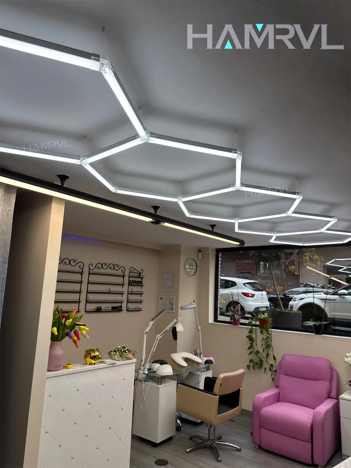 Zeshoekige LED-verlichting voor kapsalon, garage, plafondlamp, dimbaar, 6000/4000/3000K kleurverandering, honingraatbuis, werkplaats - afbeelding 2