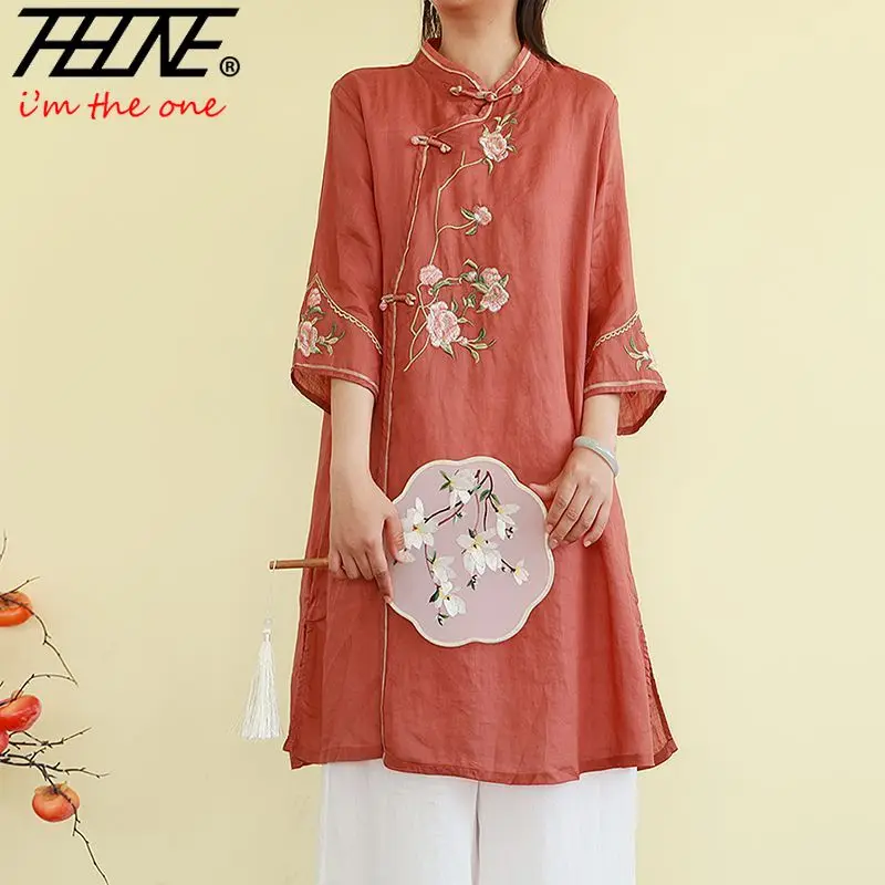 

THHONE Summer Maxi Long Shirts Blouses Women 2026 Indie Folk Embroidery Print Stand Collar Casual Blusa Mujer Women's Clothing