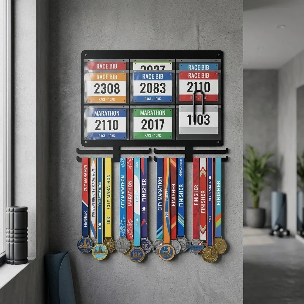 Chalkboard Integrated Medal Hanger for Runners to Display for marathon Medals Track Times and Preserve Race Bibs Collectively