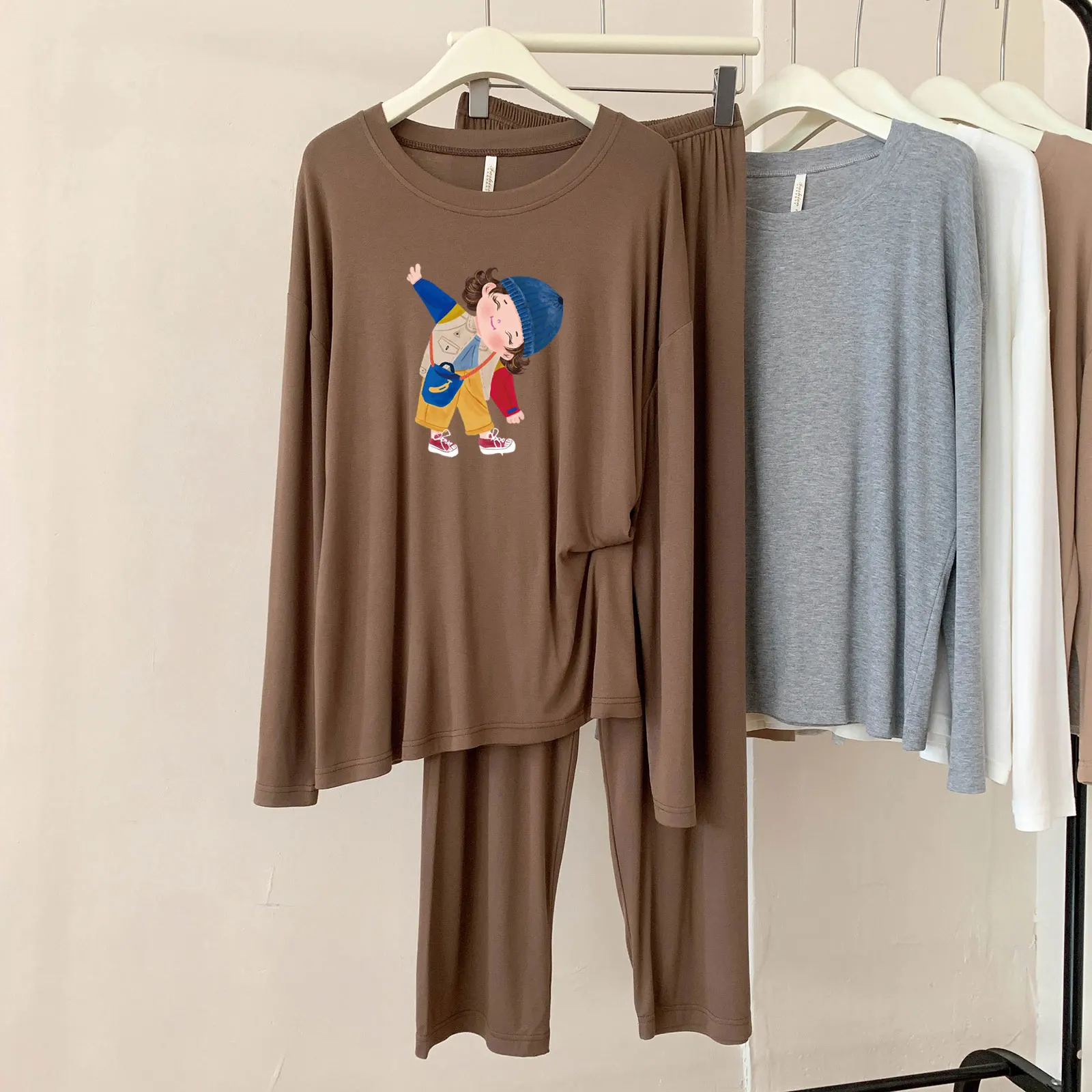 A85 Modal Pajamas Women's Spring and Autumn New Casual Round Neck Long Sleeve Plaid Breathable Homewear Set