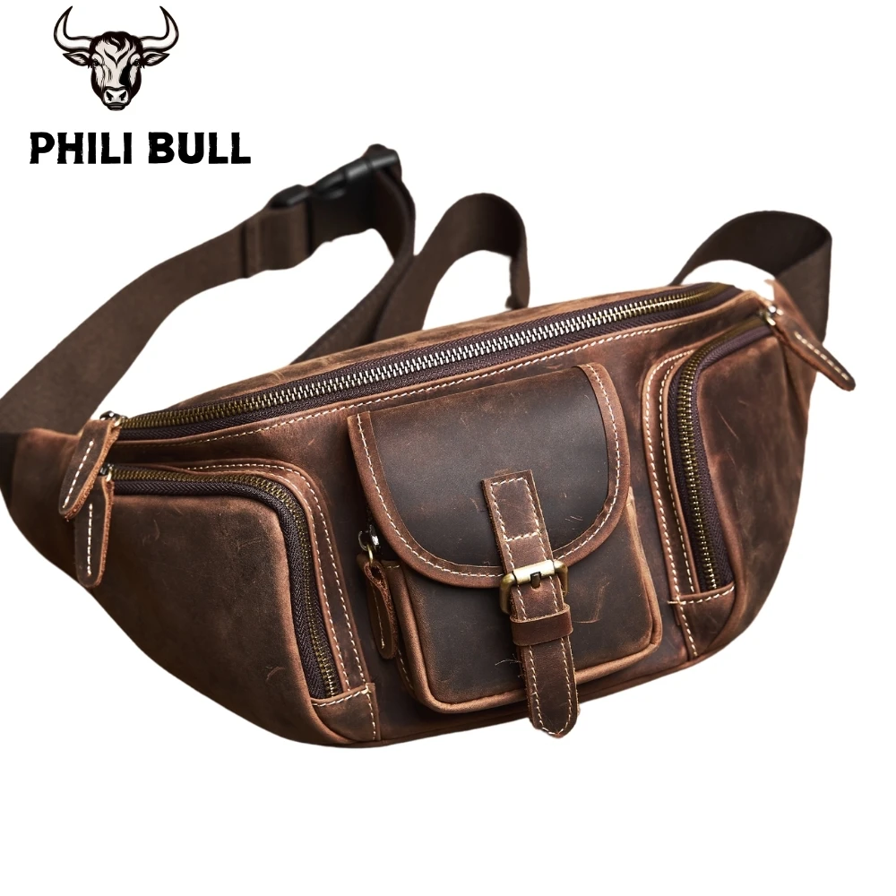 PHILI BULL Genuine Leather Men\'s Leather Chest Bag Vintage Sling Bag For Men Crossbody Shoulder Bag Casual Small Backpack