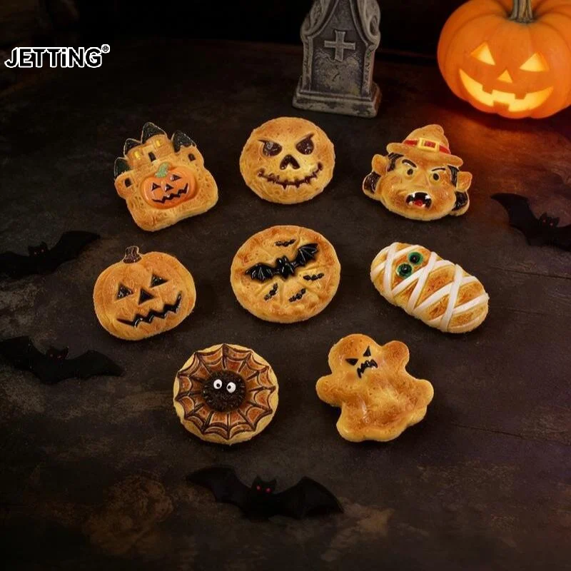 8pcs Halloween Resin Horror Series Cookie Pumpkin Castle Bat DIY Handmade Cream Gum Accessories Hair Clip Keychain Pendant