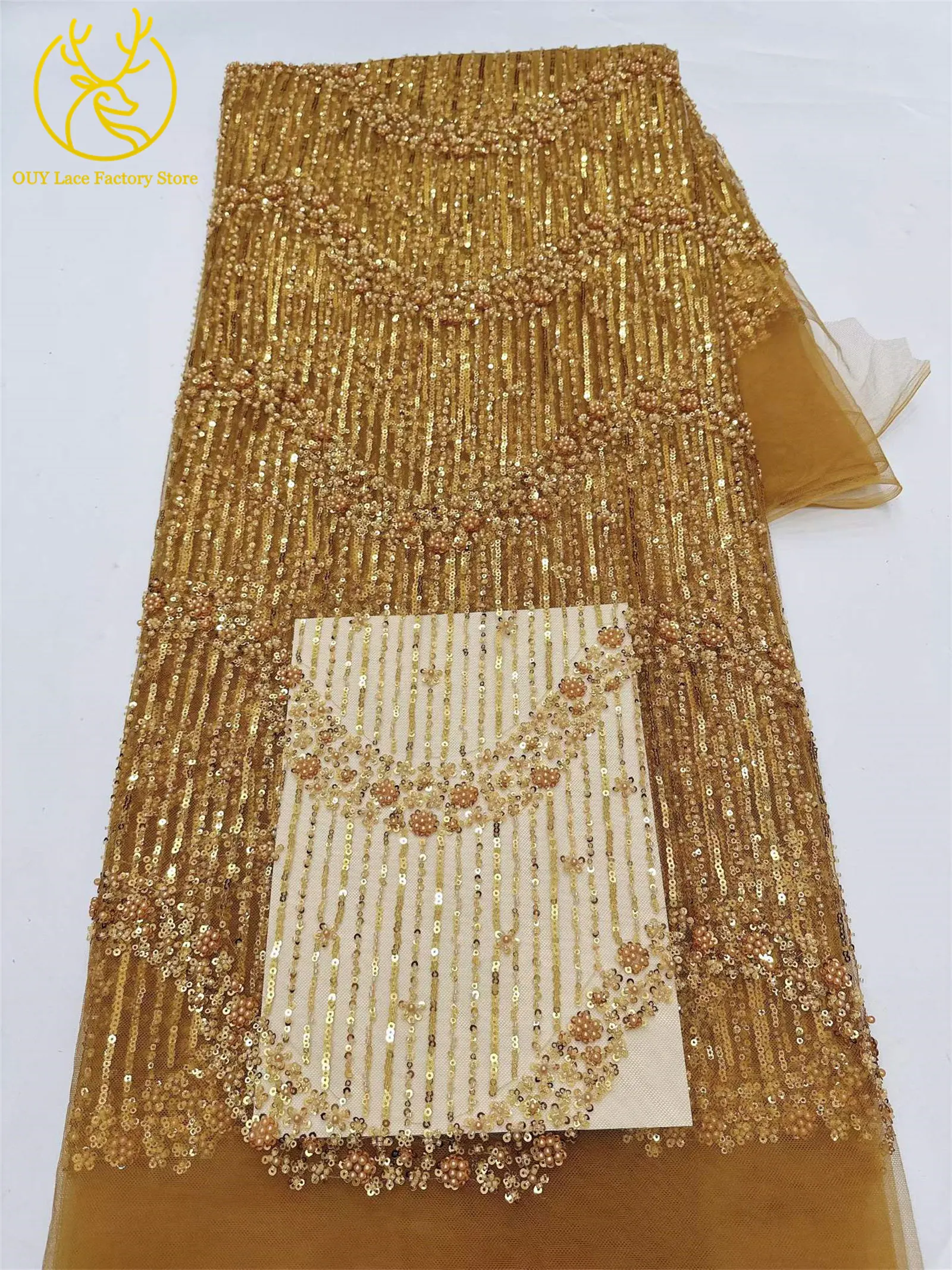 5 Yards Afrikanischer Bräutigam-Perlen-Tüll-Spitzenstoff Rosa Eleganter Nigerianischer Pailletten-Perlen-Netzstoff zum Nähen von Hochzeits- und Partykleidern – Detail 9