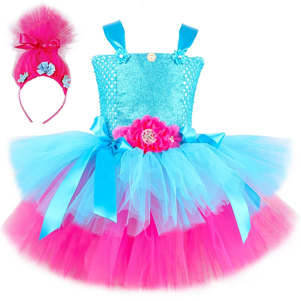 

Trolls Tutu Dress Costume for Girls Birthday Party Fancy Tulle Princess Dresses Clothes Kids Halloween Magic Elves Poppy Costume