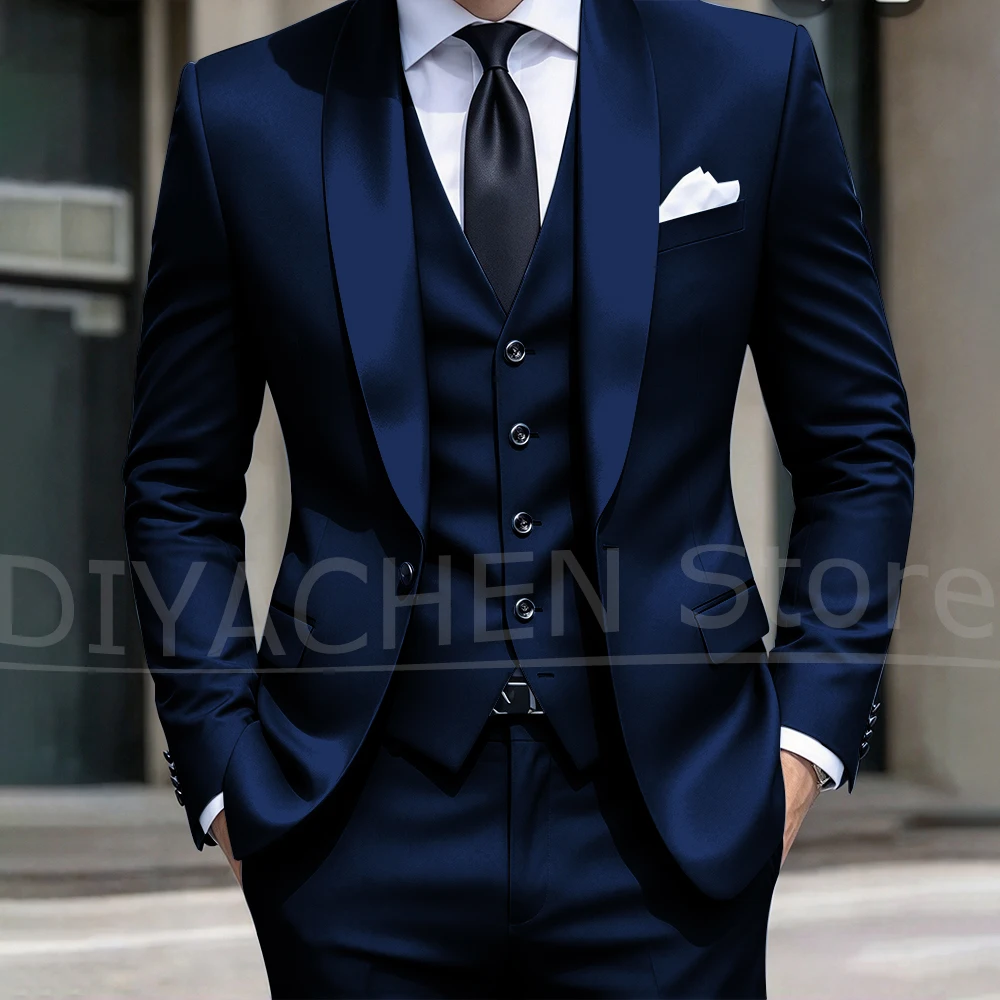 Men Black Suit Three Piece Satin Shawl Lapel One Button Outfit Blazer Vest Pants Formal Wedding Party Slim Tailored Tuxedo