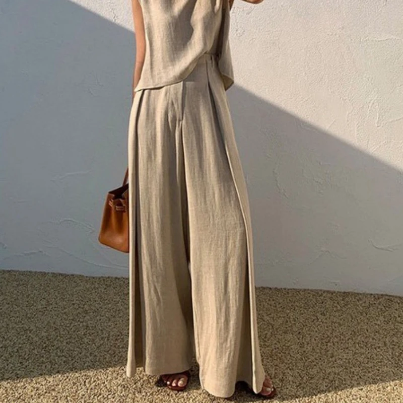Cotton Linen Suit For Women Sleeveless O-Neck Tank Top Wide Leg Pants Two Piece Sets Casual Office Ladies Loose Summer Outfits