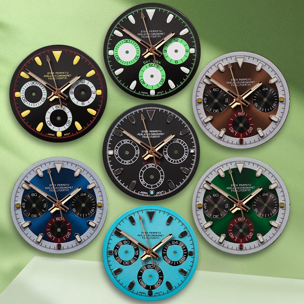 29.5Mm S Logo Dial Panda Putih VK63 Dial Lingkaran Dalam Hitam Tanpa Gerakan Tangan Aksesori Modifikasi Jam Tangan Bercahaya Hijau