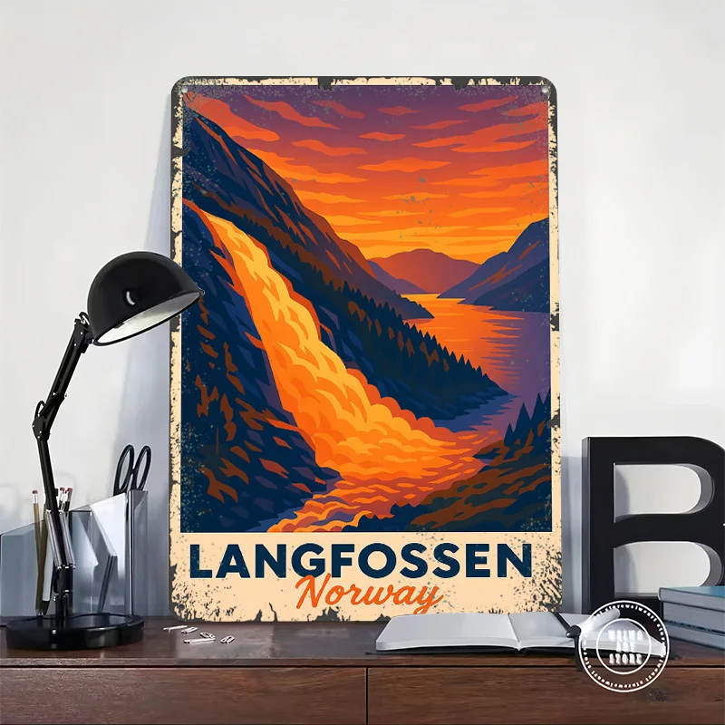Langfossen Norway Travel Printed Poster Customized Wall Art Retro Vintage Metal Tin Signs for Decoration Living Room Decor Men