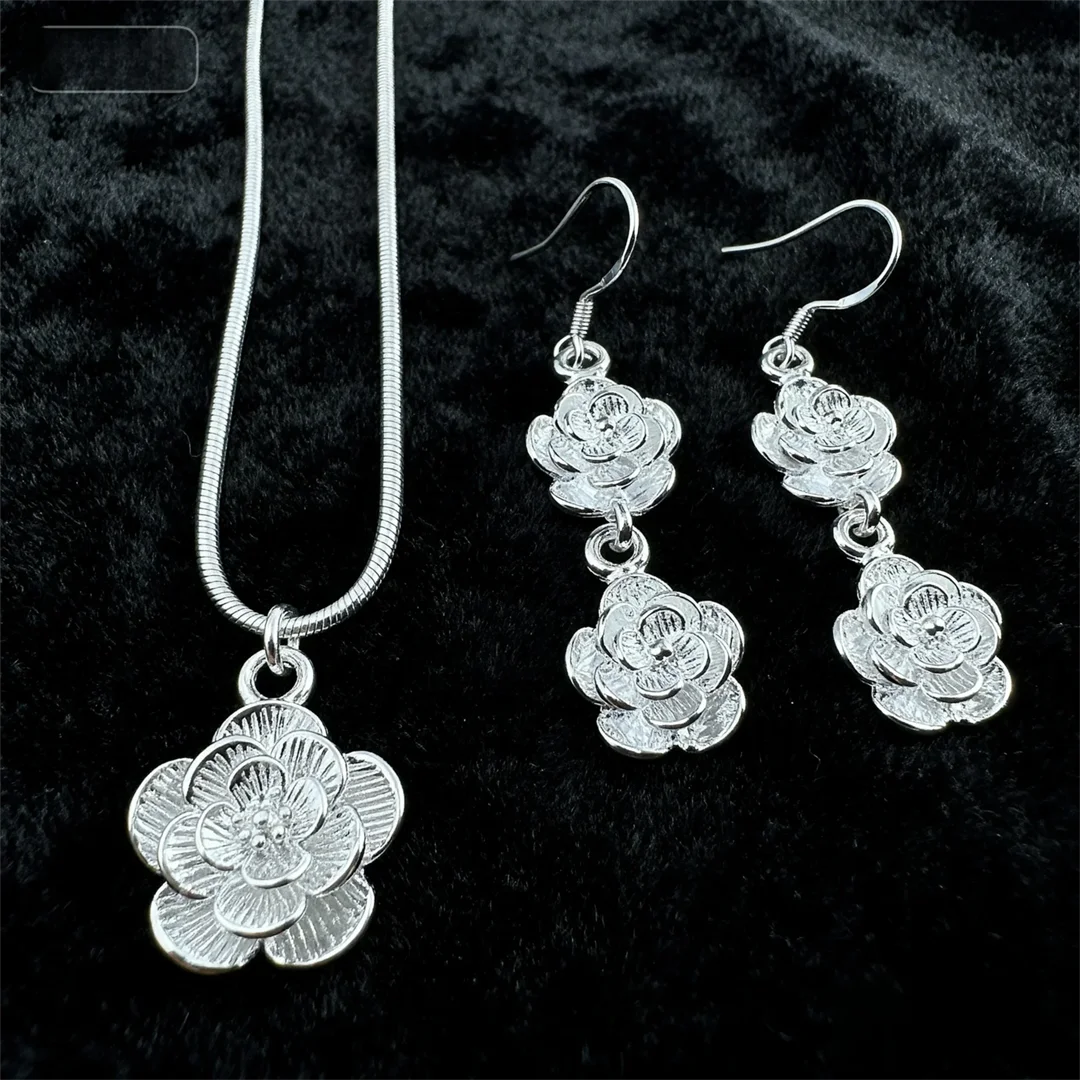 

New arrive 925 sterling Silver classy Rose flower necklace earrings for woman Fashion streetwear Jewelry sets Wedding party gift