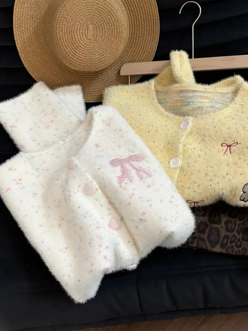 Harajuku Autumn Winter Polka Dot Print Knitted Cardiagn Y2k High Street Single Breasted Elegant Sweater Korean Warm Lazy Jumper