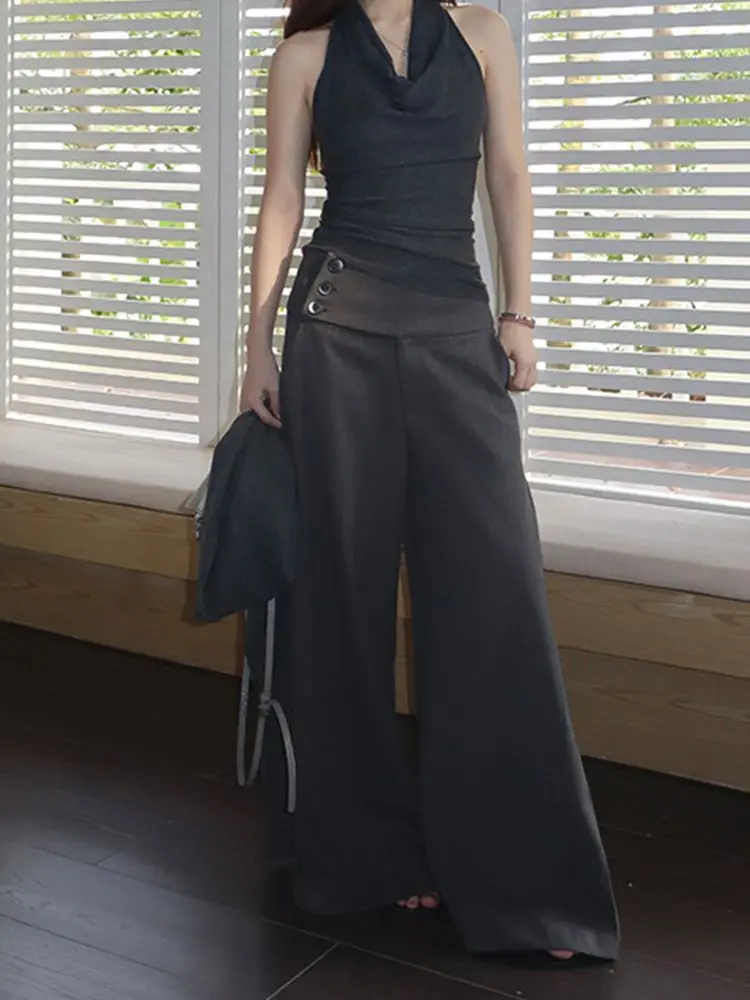 Deeptown Black Wide Leg Women Pants Y2k Gray Low Waist Korean Fashion Straight Trousers Baggy Casual Classic Faux Woolen Winter