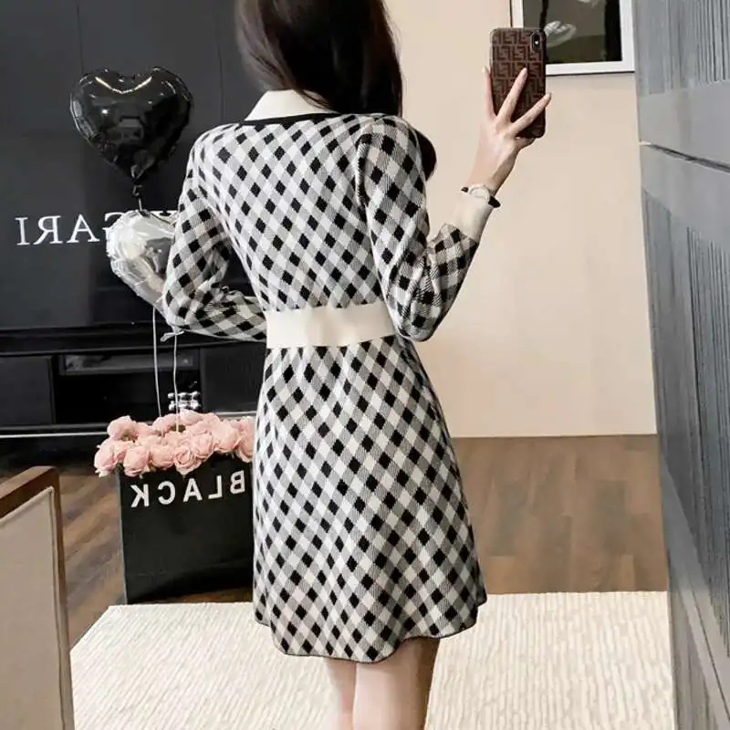 #0943 Knitted Sweater Dress Women Polo Collar Buttons Mini Dress Female Slim Fit Sexy Vintage Short Dress Ladies A-line Retro