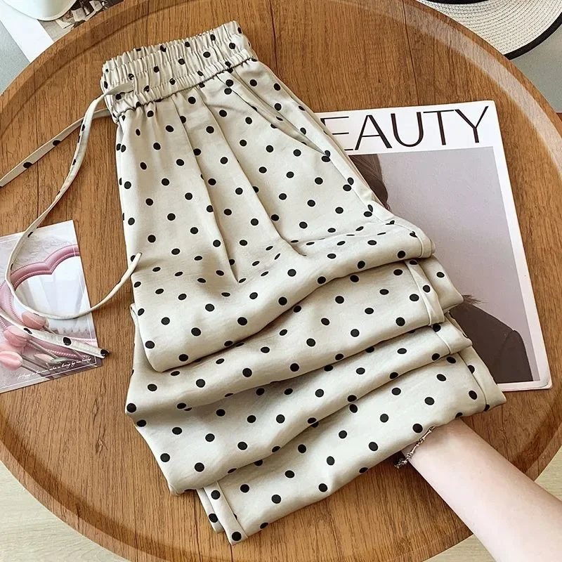 

Loose Cool Commuting Straight Leg Casual Trousers Polka Dot Ice Silk Wide Leg Pants Women's Summer Thin Large-sized High Waisted