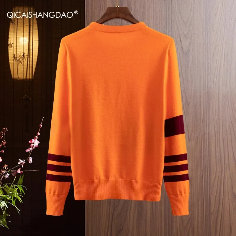 Cardigan feminino outono manga comprida cor bloco listrado gola redonda slim estilo curto suéter de lã aconchegante