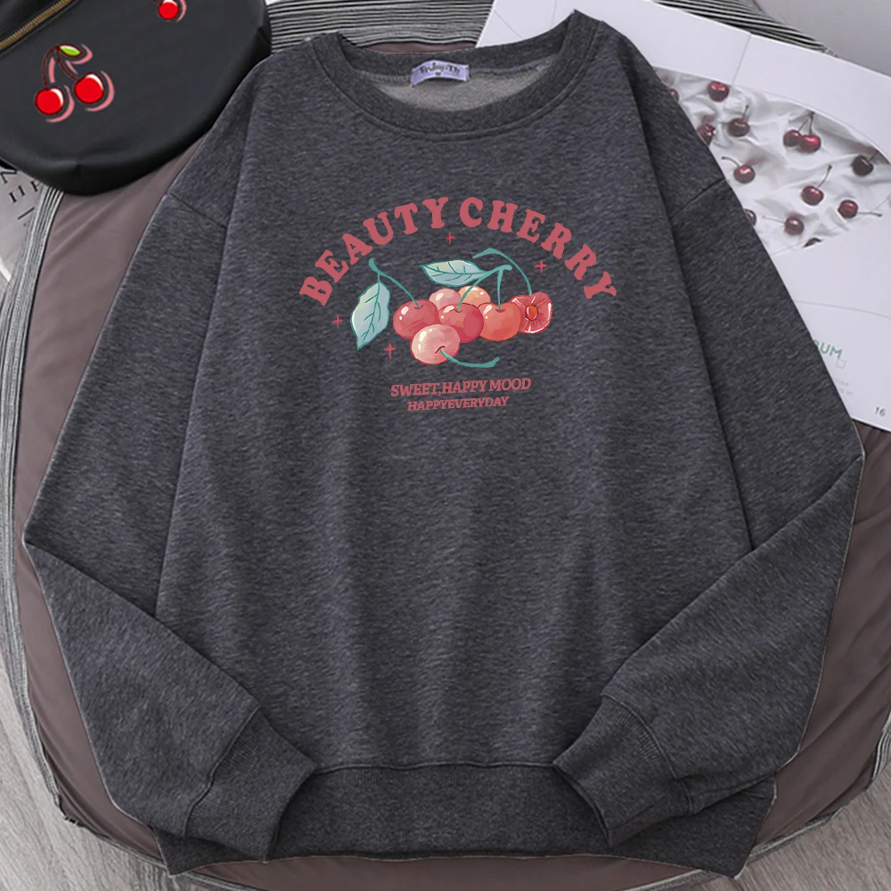 

Beauty Cherry Art Letter Print Pullovers Women Autumn Loose Sweatshirt Casual Fleece Sportswear Crewneck Clothing Female