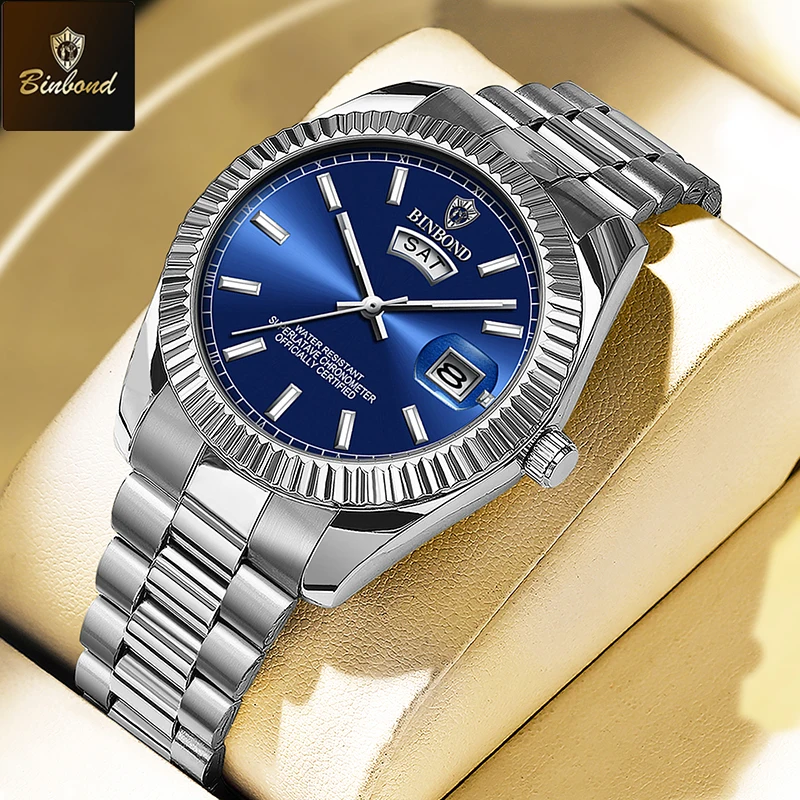 Reloj de cuarzo BINBOND para hombre, marca deportiva, acero inoxidable resistente al agua, fecha y día, pulsera