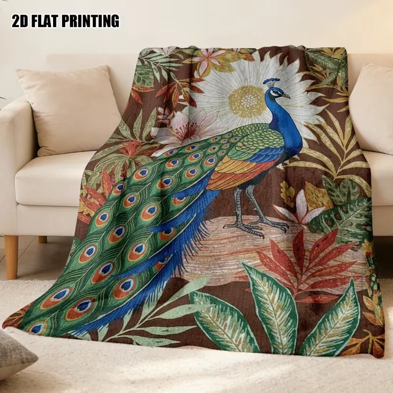 Watercolor Peacock Peony Floral Print Throw Blanket Soft Cozy Sofa Bed Blanket Elegant Bedroom Living Room All Season Blanket