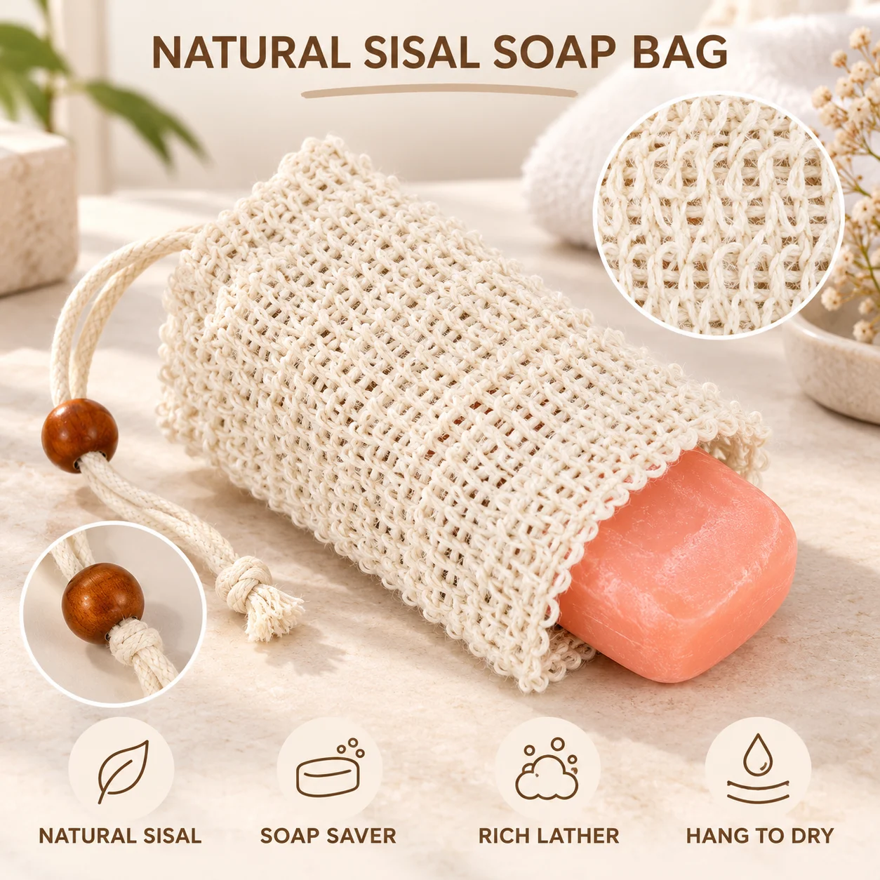 Natural Sisal Soap Bags Shower Bath Exfoliating Soap Saver Pouch Holder for Bath & Shower Use Soap Packaging Mesh Bags