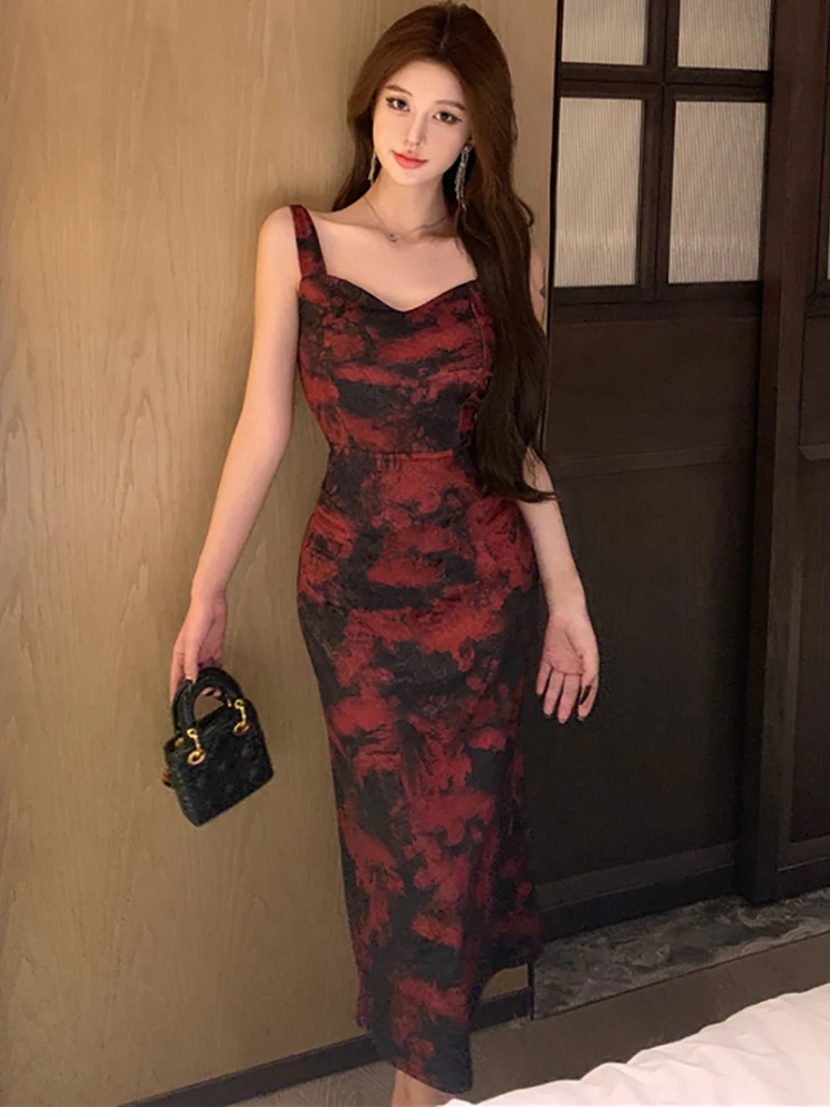 2025 Fashion Jacquard Sqaure Collar Sling Sexy Long Dress Women Korean Vintage Luxury Robe Spring Elegant Bodycon Evening Dress