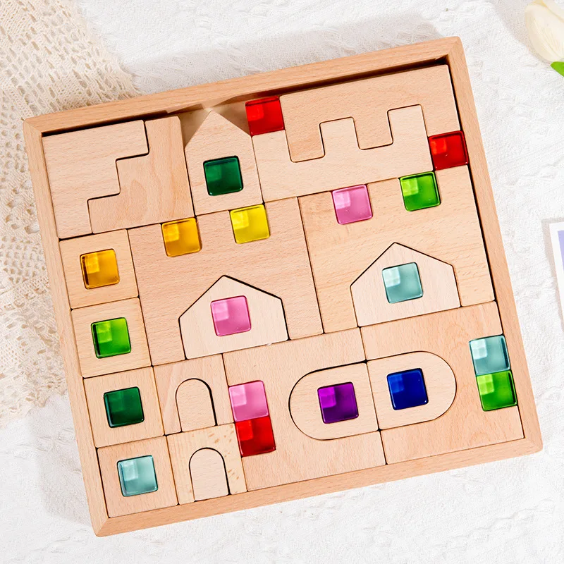 Wooden fairy tale town building block castle kindergarten build educational  translucent acrylic light and shadow building block